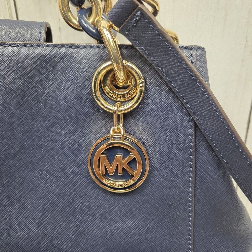 Michael Kors Saffiano Leather Cynthia Convertible Satchel Bag Small Navy Blue - Picture 4 of 16
